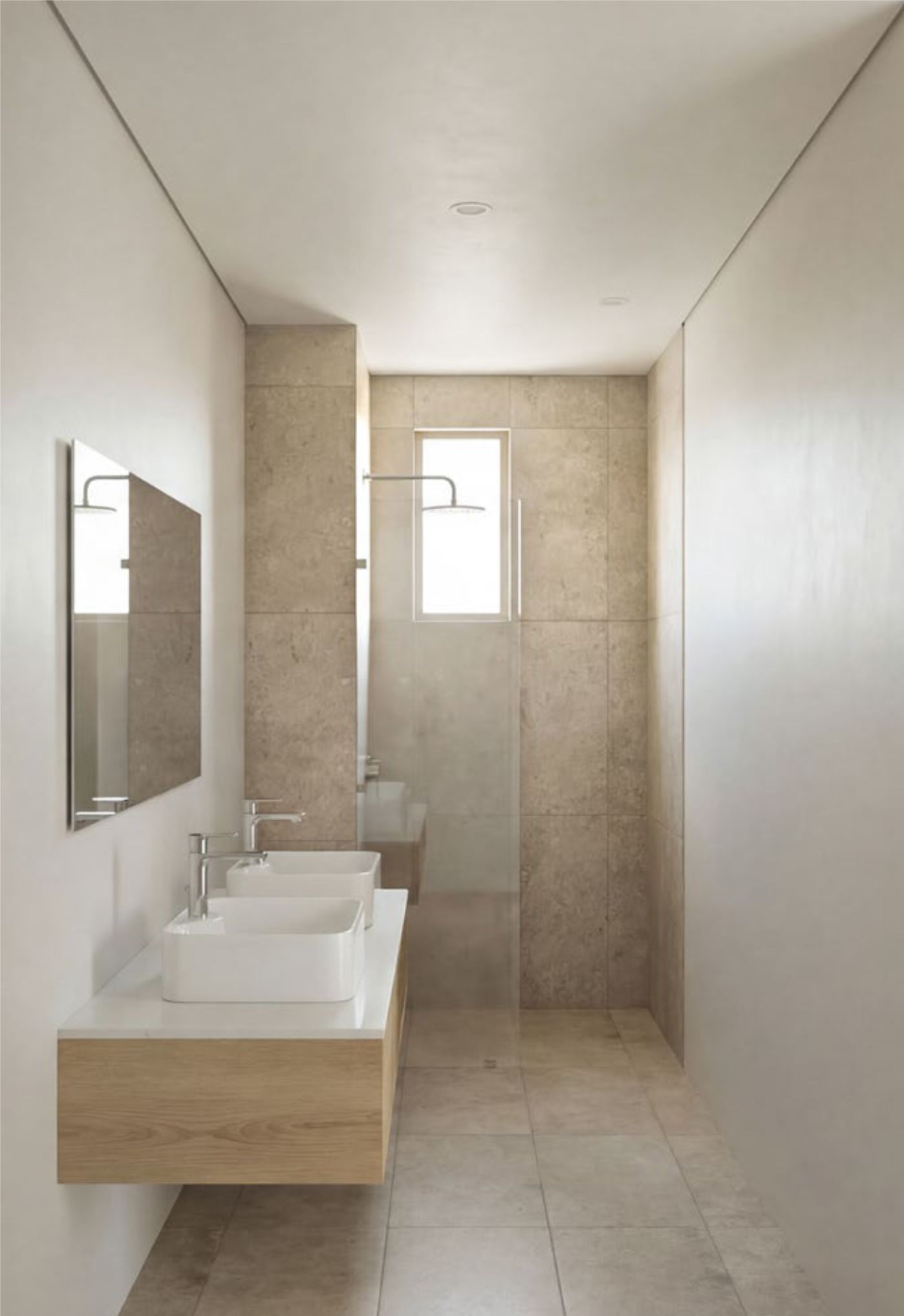 Baño principal con doble lavabo, mármol travertino y ducha a ras de piso