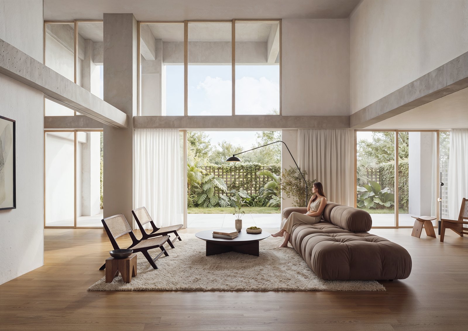 Render de sala estancia en Planta Jardín con vista y ventanales al jardín
