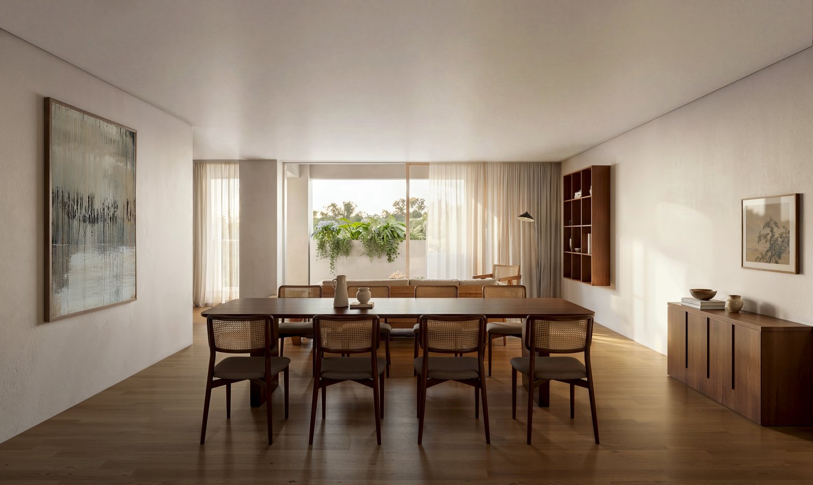 Render de comedor y estancia en Tipología A con mesa para 8 personas y vista a terraza